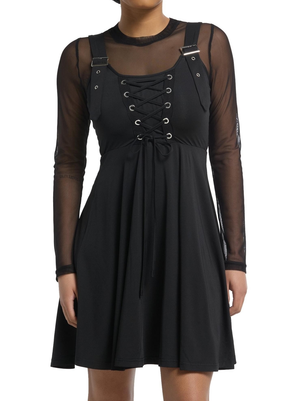 Hot Topic Black Lace-Up Pinafore Dress with Sheer Sleeves